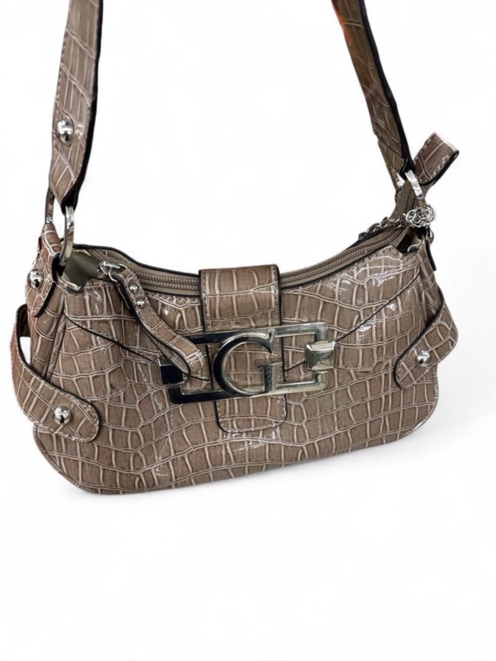 Guess Taupe Croc-Embossed Shoulder Bag with Silver Logo